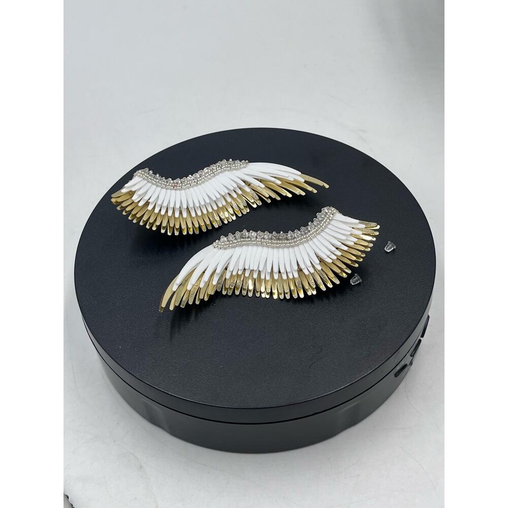 Mignonne Gavigan Gold White Metallic Madeline Large Leather Sequins Wing Earring - Picture 14 of 15